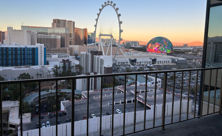 View of the High Roller and the Sphere Las Vegas from a hotel room at Horseshoe Casino