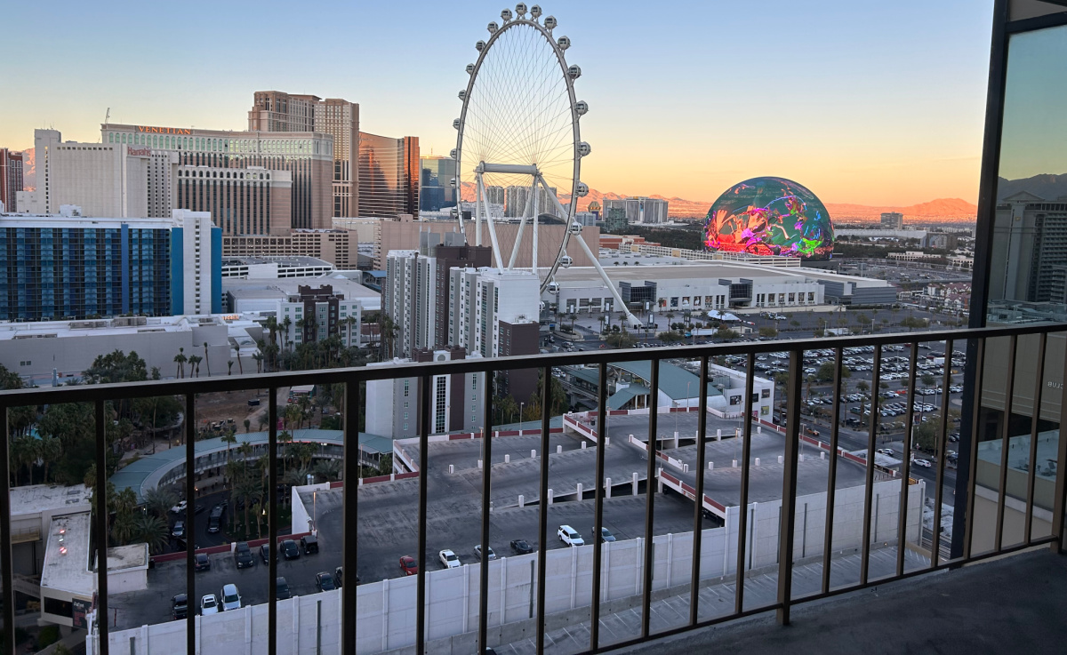 View of the High Roller and the Sphere Las Vegas from a hotel room at Horseshoe Casino